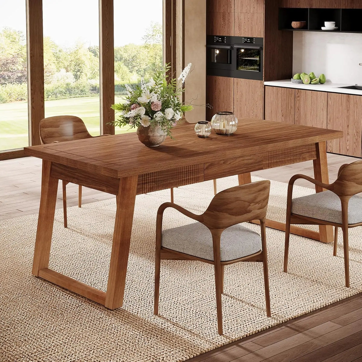 Dining Table with Storage Drawer for Dining Room, Rectangular Modern Dinner Kitchen Table with Solid Wood Legs for 4-6 People