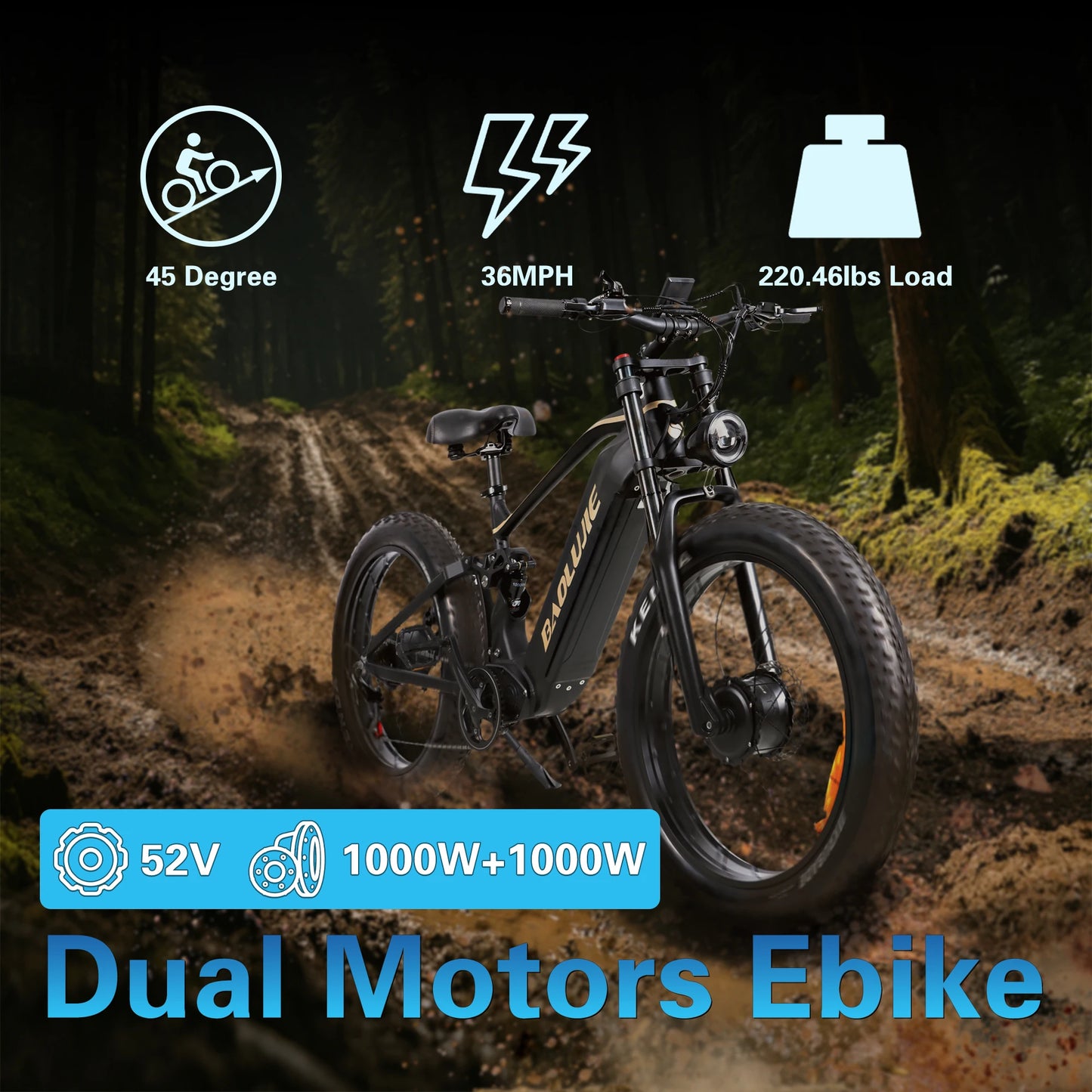 BAOLUJIE P2 3000W Ebike Mountain E-bike 52V 23AH Electric Bicycle 55KM/H Electric Bike for Adults Off-road【1 Year Warranty】