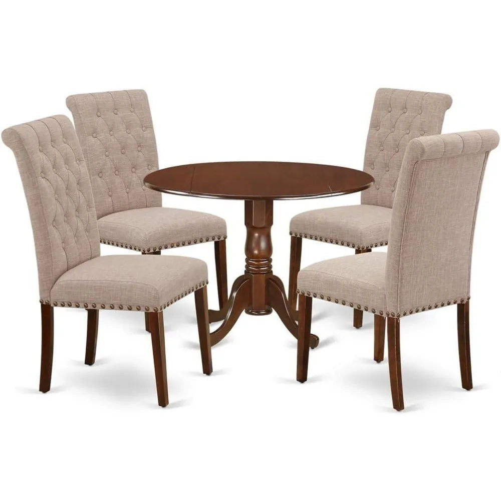DLBR5-MAH-04 5 Piece Dining Room Furniture Set Includes a Round Dining Table with Dropleaf and 4 Light Tan Linen Fabric Upholst