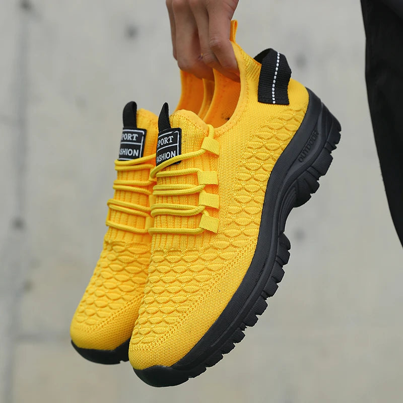 Men's Bright Yellow Outdoor Sneakers Breathable Mesh Construction Shock Absorbing Sports Shoes Stylish Trendy Adventure Footwear