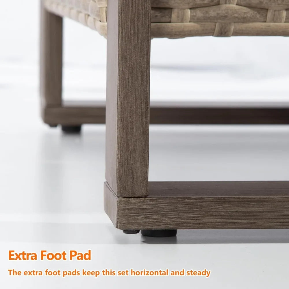 Patio Metal Wicker Sofa, Outdoor Rattan 3-Seat Sofa Couch with Premium Cushions & Rectangular Framed Wood-Looking Metal Armrest