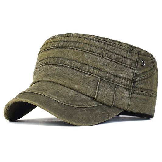 Casual Washed Cotton Flat Top Hat Adjustable Military Caps Men Women Unique Design Vintage Four Seasons