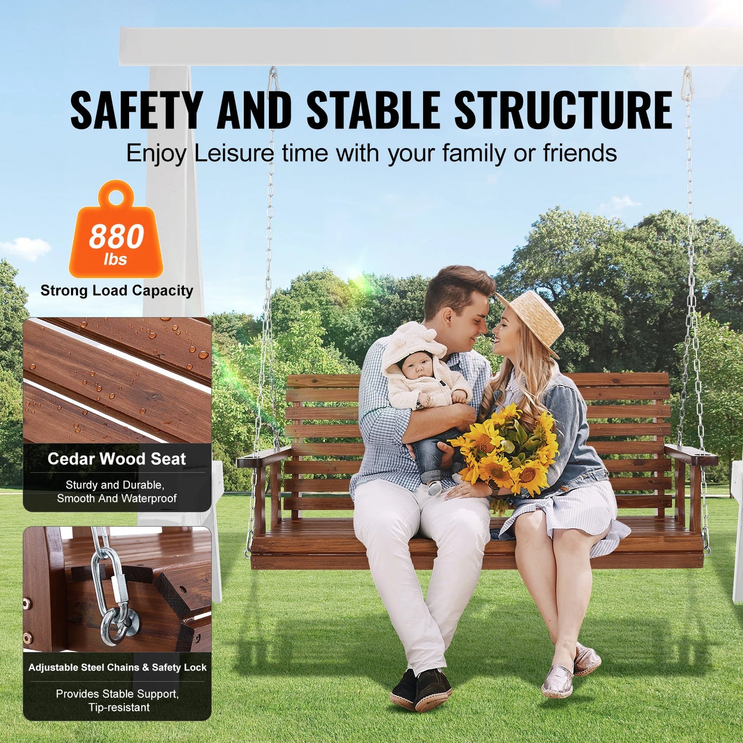 SucceBuy Wooden Porch Swing 5 ft Patio bench swing for Courtyard Garden Upgraded 880 lbs Strong Load Capacity Swing Chair Bench