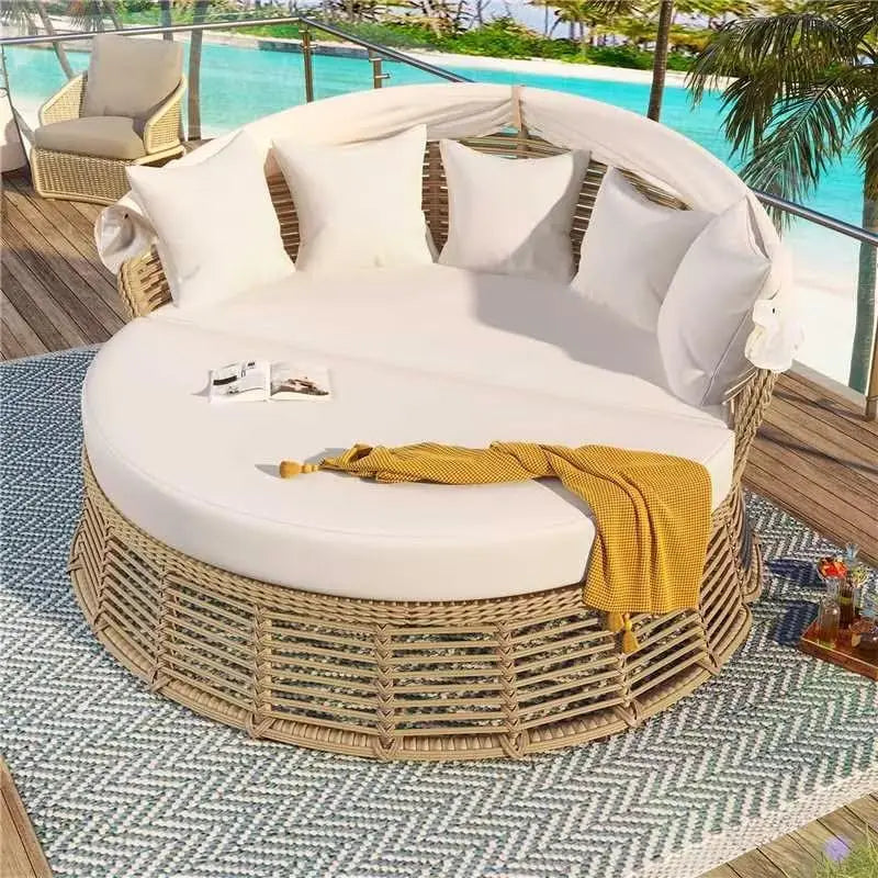 Outdoor Patio Rattan Round Daybed with Retractable Canopy Wicker Furniture Round Poolside Sofa Sunbed with Removable Cushions (B