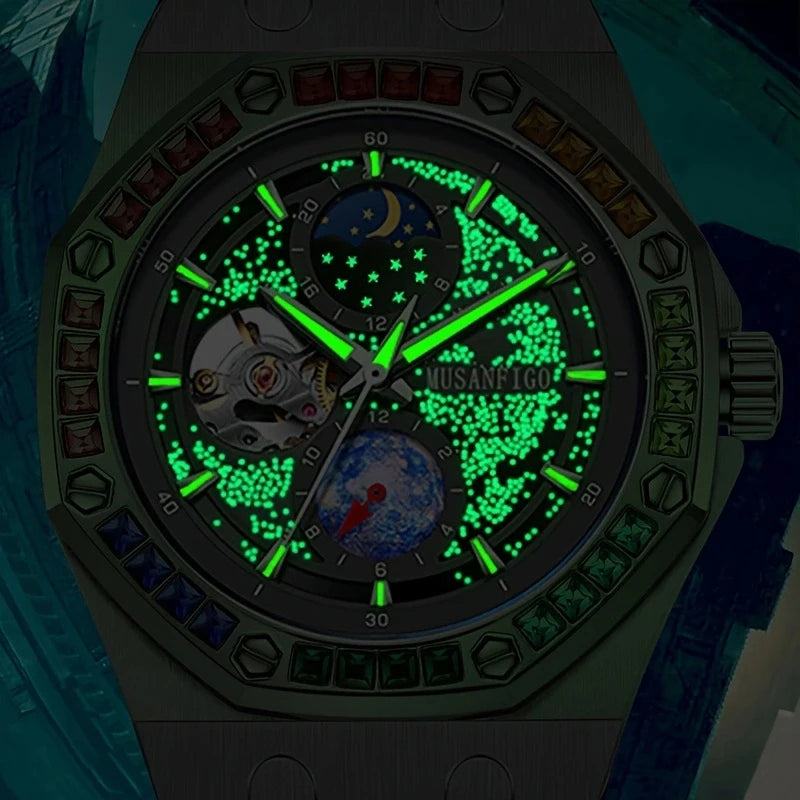 Men's Automatic Watch, Waterproof Watch, Rhinestone, Super Luminous Sun, Moon and Stars, Dial, Skeleton, Men's Gift Watch