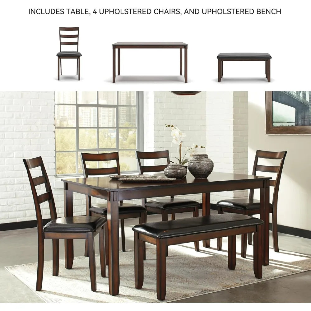 Coviar 6 Piece Dining Set, Includes Table, 4 Chairs & Bench, Dark Brown