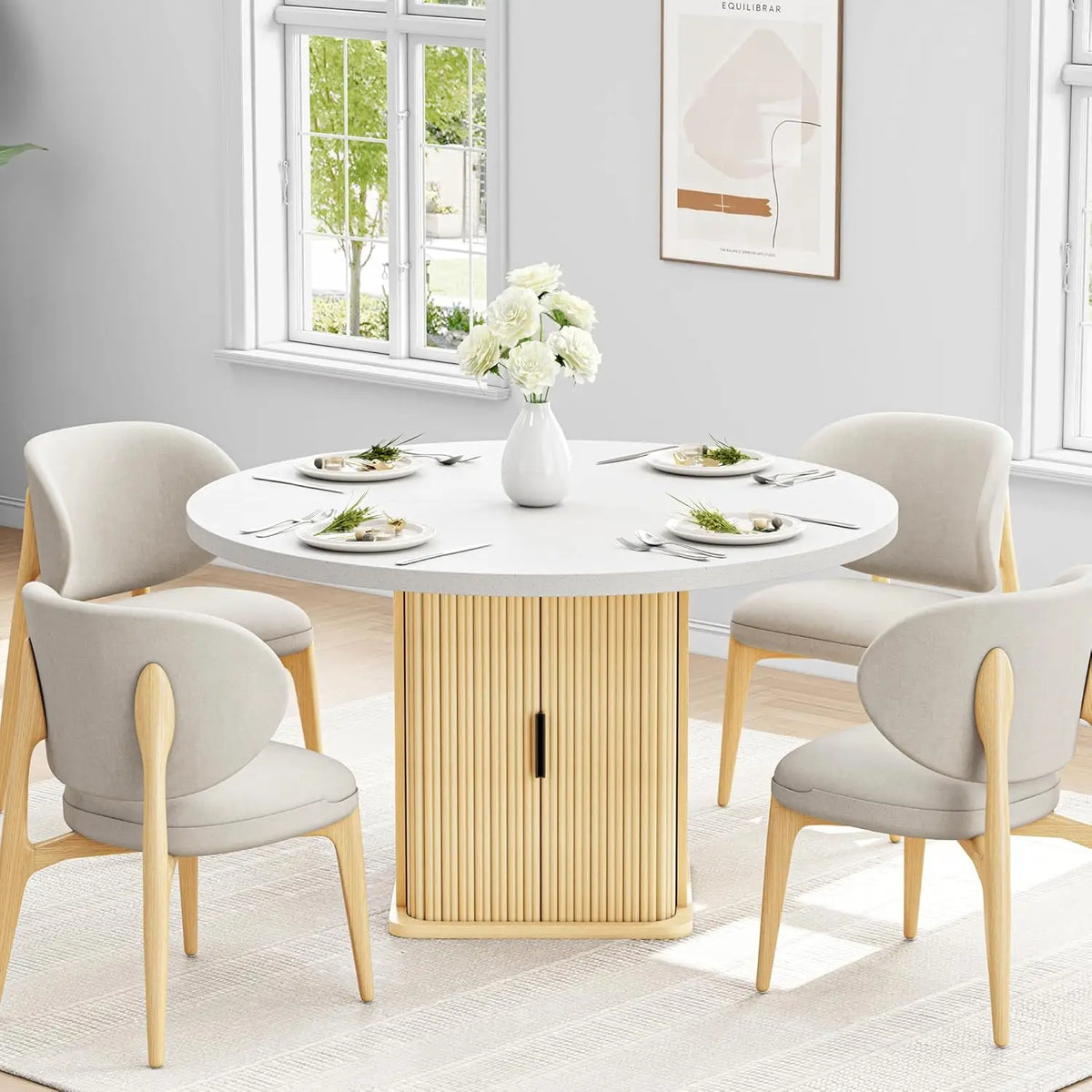 IRONCK Round Dining Table for 4, 47 inch Modern Farmhouse Kitchen Table with Storage Shelf and Wood Slide Doors for  Kitchen