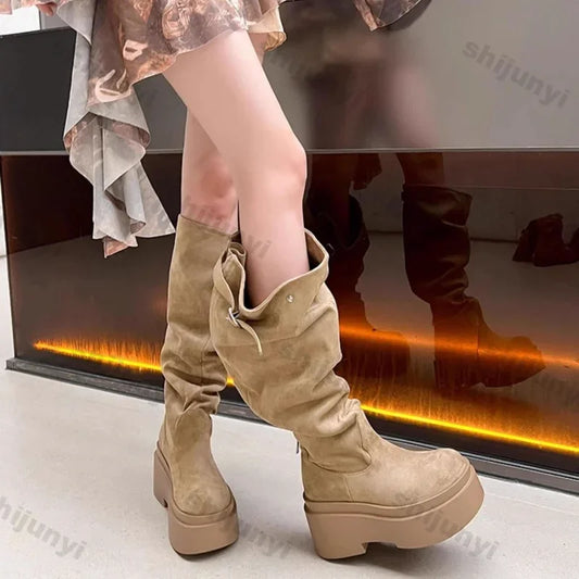 Women's Fashion Thick Heels Knee High Boots Khaki Flock Slip on Western Boots Woman Spring Autumn Soft Leather Short Botas Mujer