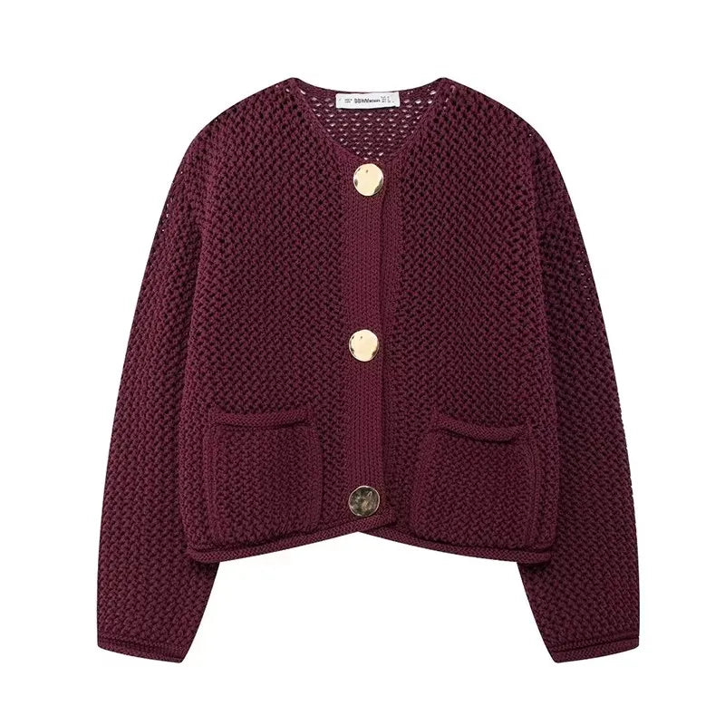 CLAZZAA Women Fashion With Pockets Solid Single Breasted Knitted Sweater Vintage O-Neck Long Sleeves Female Chic Lady Outfits