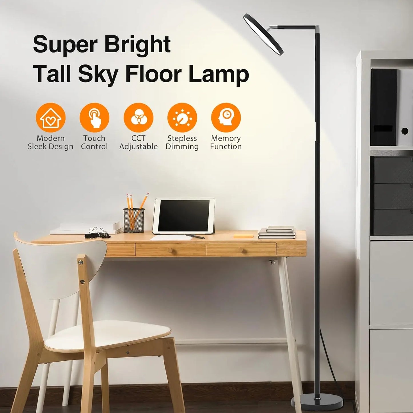 Tall LED Floor Lamp, 72'' Modern Touch Control Torchiere, Black Standing Lamp for Living Room, Bedroom, Office