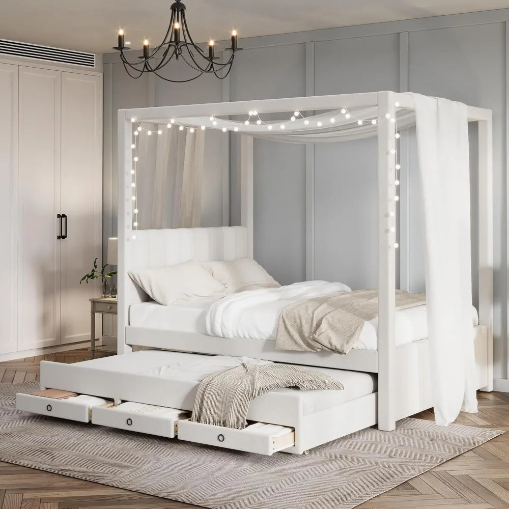 Full Size Linen-Upholstered Canopy Bed with Trundle and Storage Drawers, Wooden Platform Frame
