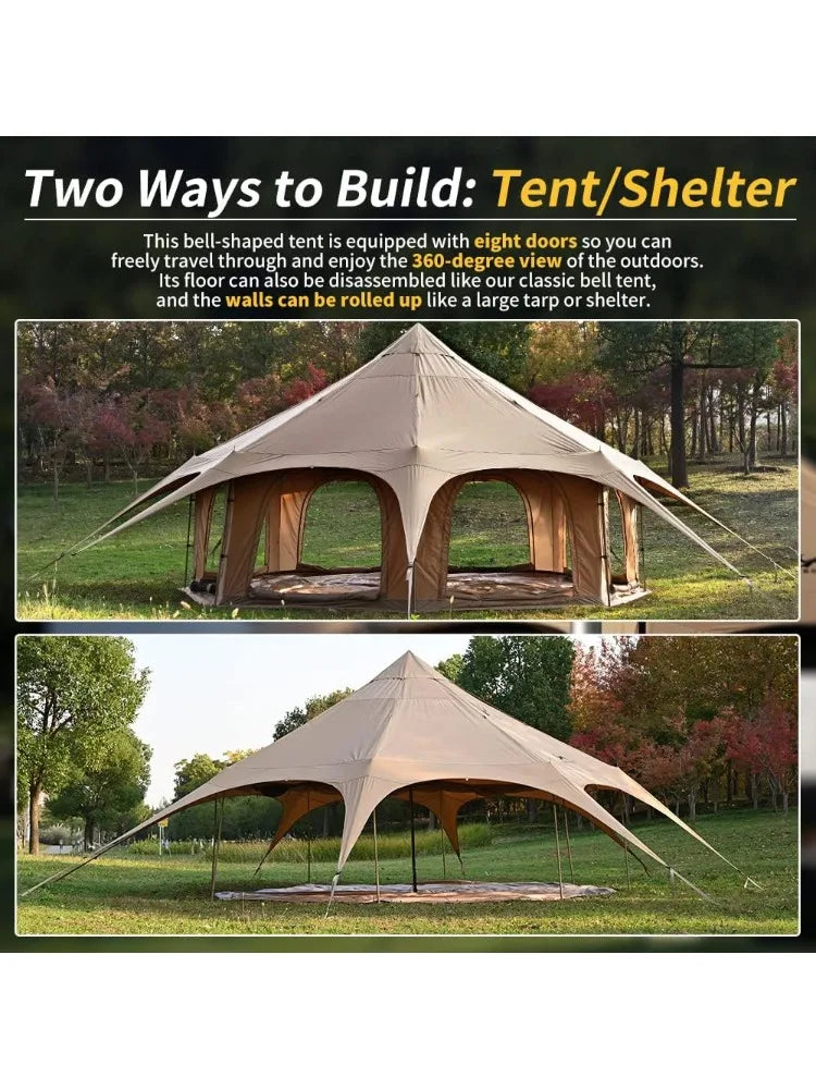 Canvas Tent Bell Tent 16.4ft*High9.2ft with Stove Jack for Glamping Family Camping Zipped Removable Floor