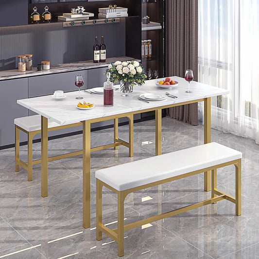 3-Piece 63" Extendable Kitchen Table with Benches/Chairs, Modern Breakfast Dinette/Dining Room Set for 4/6/2