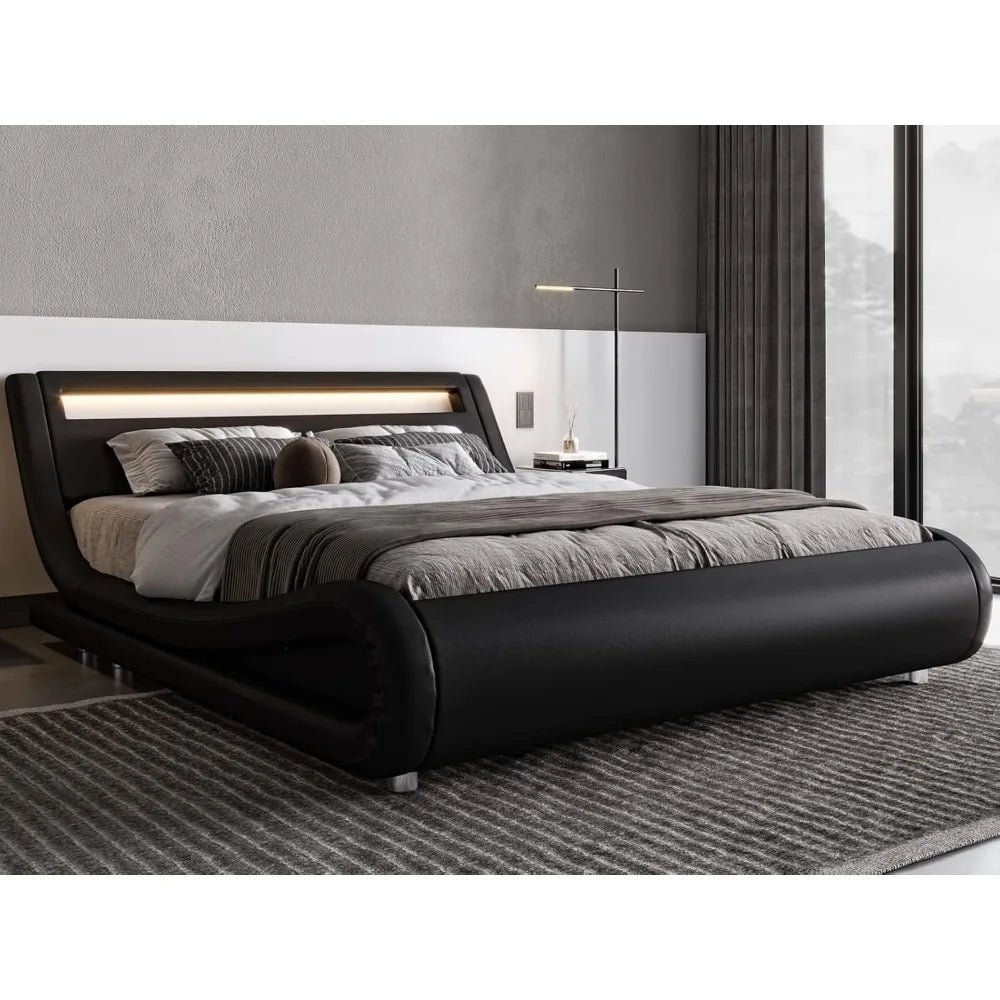 Full Size LED Platform Bed Frame with Adjustable Headboard, No Box Spring Required, Easy Assembly, Faux Leather in Black