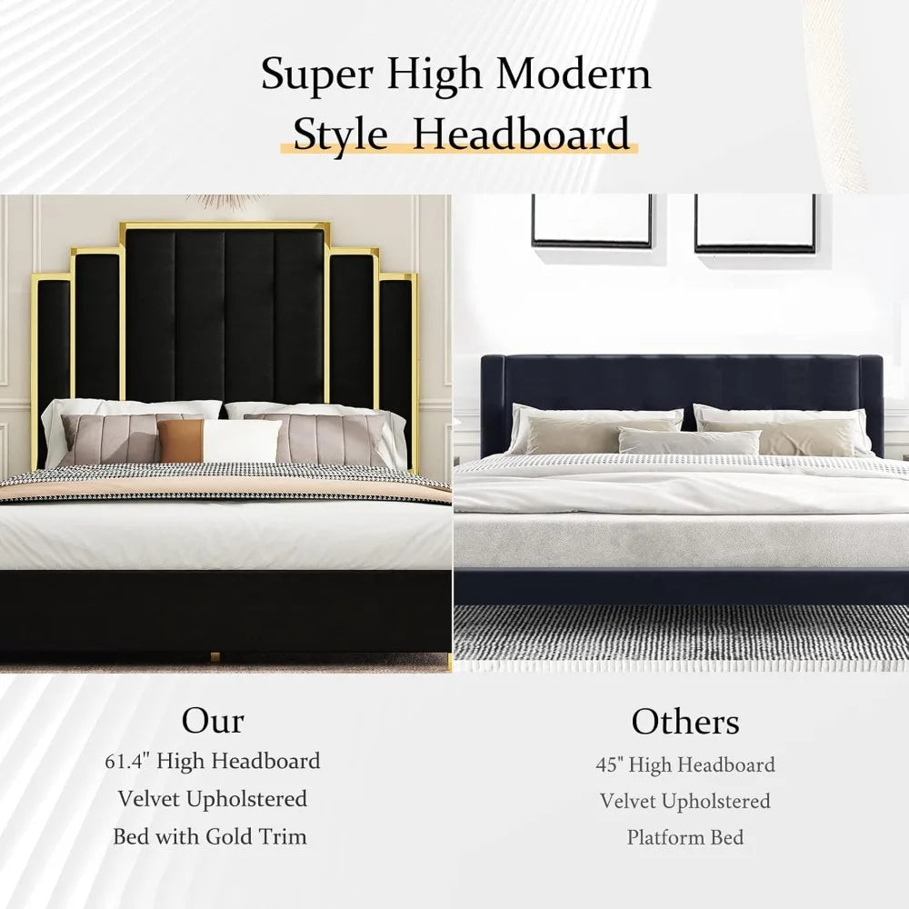 Albott Queen Size Platform Bed Frame, 61.4 Velvet Upholstered Bed with Gold Trim Headboard/Wooden Slats/No Box Spring Needed/Bla