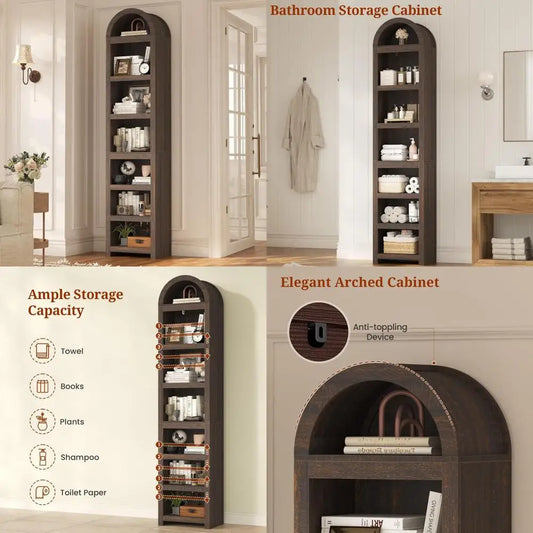 76" high 3-tier slim arched bookshelf - modern adjustable shelving for living room storage