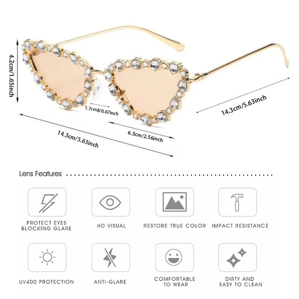 Women Cat Eye Diamond Inlaid Sunglasses Luxury Fashion Unique Sun Glasses UV 400 Protection High Quality Metal Frame Eyewear New