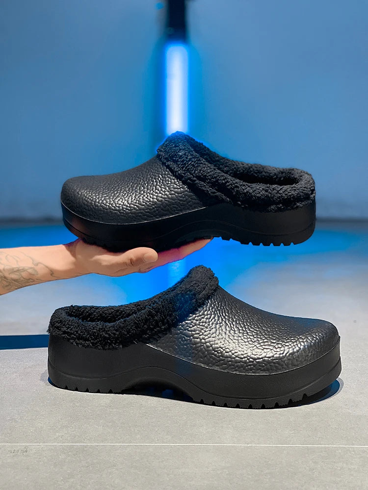 Winter Men Chef Shoes Warm Fur  Men Garden Clogs Cotton Slippers Waterproof Indoor Outdoor Warm Shoes  Bedroom Home Plush Slides