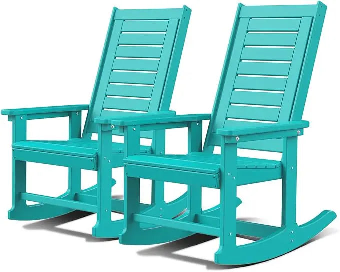 Outdoor Rocking Chairs Set of 2 Porch Rocker  HDPE Plastic Oversized Rockers High Back  Big & Tall Ladder Back for Patio Outside