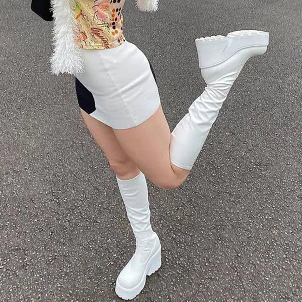 DoraTasia Fashion Round Toe Chunky Heel Women's Stretch Boots INS Punk Street Snap Motorcycle Nightclub  Winter Shoes Woman