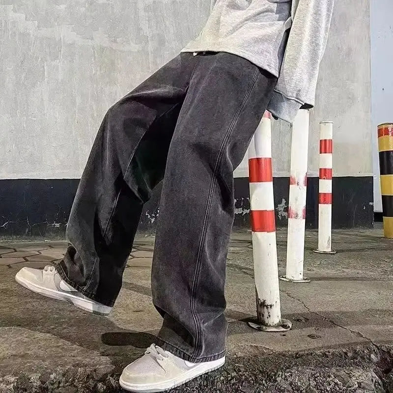2022 New Streetwear Loose Jeans Men Korean Style Fashion Loose Straight Wide Leg Pants Men's Brand Clothing Black Light Blue