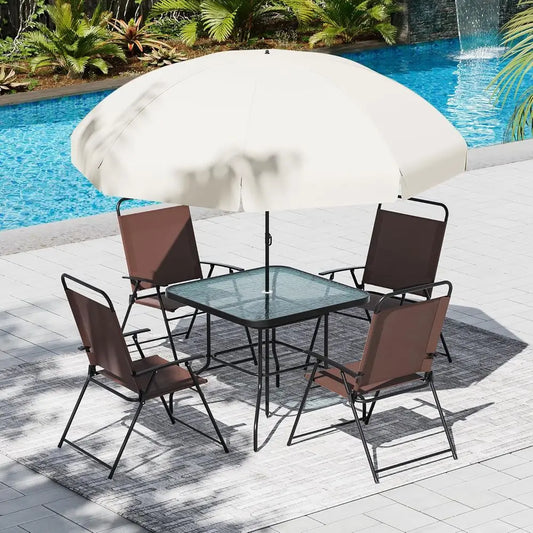 4-Person Outdoor Patio Furniture Set with Folding Chairs, Glass Table, and Umbrella for Lawn, Deck, Garden, Backyard - Brown