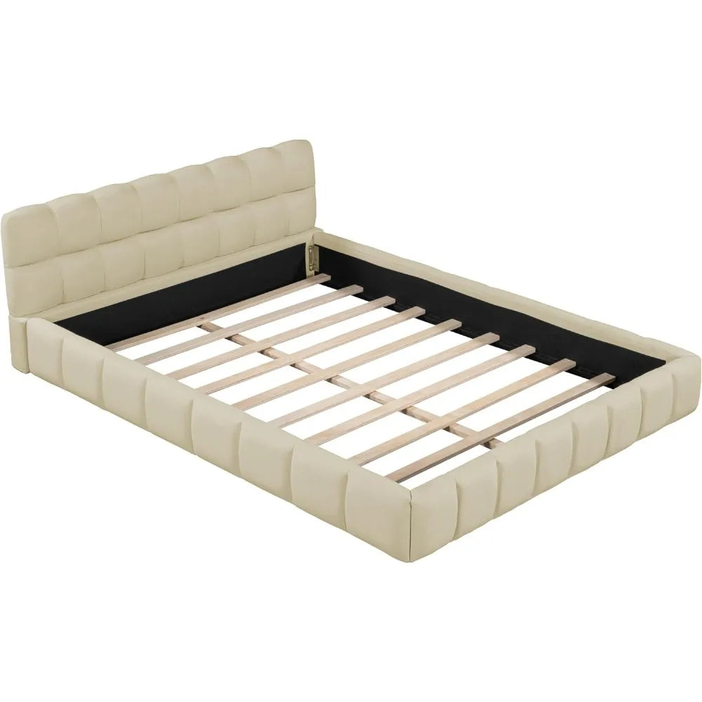 Merax Contemporary Queen Size Linen Wingback Bed Frame, Low Platform Design, No Box Spring Needed, Beige Upholstery