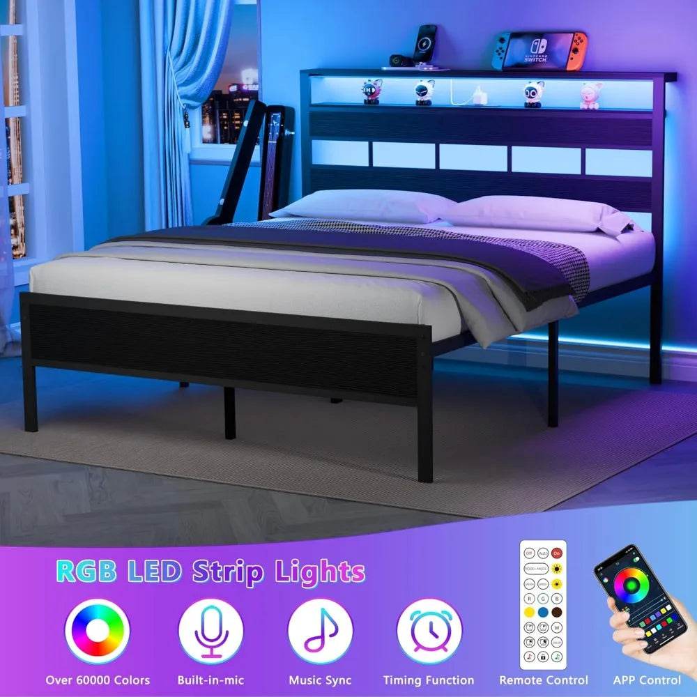 Queen Size Metal Bed Frame with Storage Headboard, LED Lights, Charging Station, and USB Ports