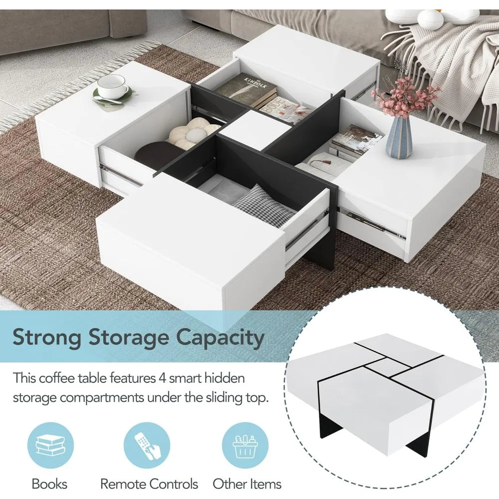 Coffee Table, Modern Extendable Coffee Table with 4 Hidden Storage Compartments, UV High-Gloss Square Center Cocktail Table wit