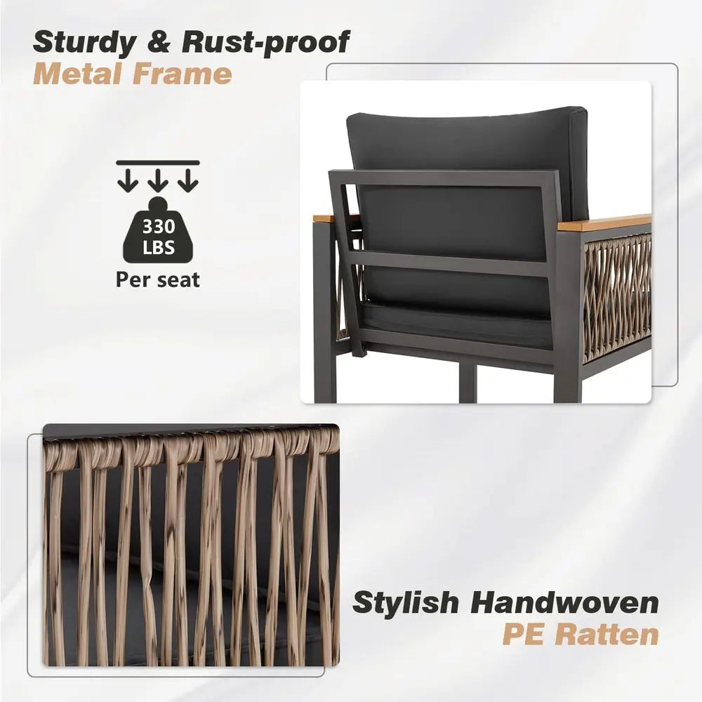 All-Weather Outdoor Patio Set: Solid Wood Balcony Furniture with Wicker & Cushioned Metal Chairs