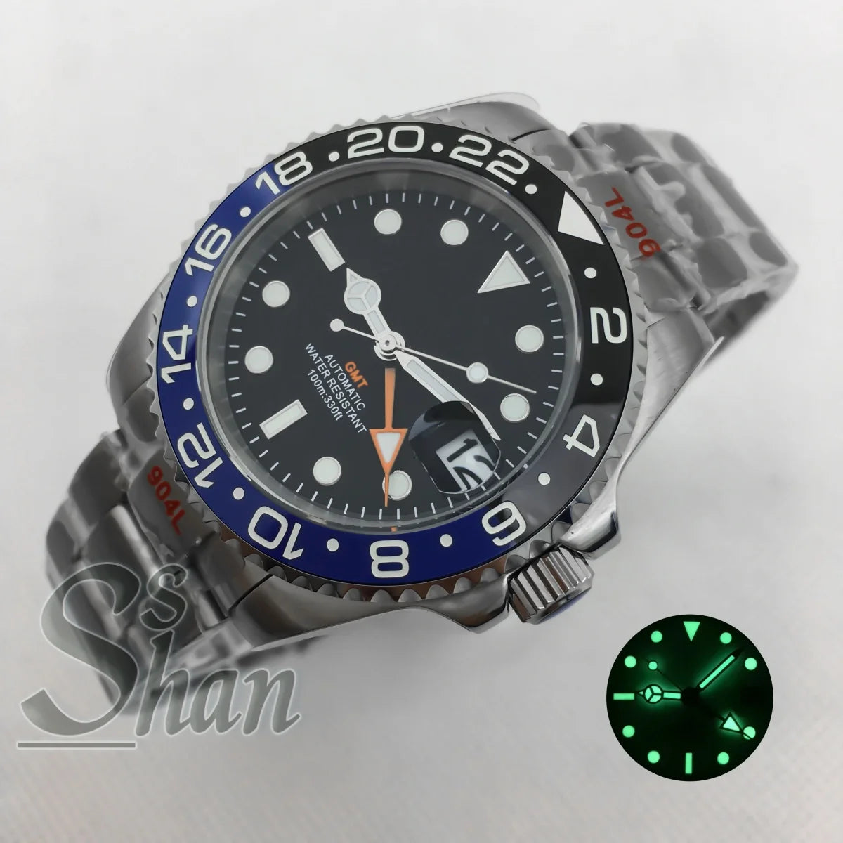 Customized logo luxury 40mm NH34 GMT mechanical watch ceramic bezel sapphire glass green luminous dial water-resistant to 10ATM