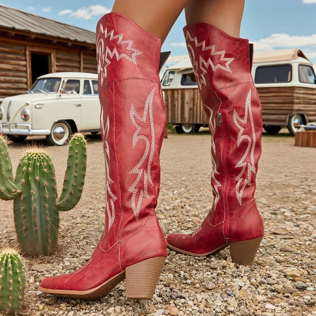 GIGIFOX Over the Knee Boots with Chunky Heel, Side Zipper Stylish Thigh High Cowboy Cowgirl Boots Ladies Outdoor Party Footwear