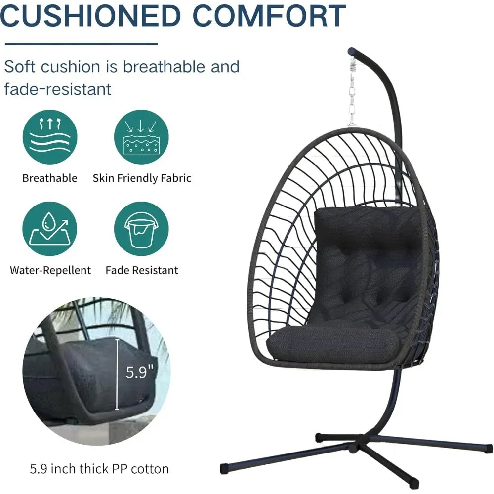 Foldable Rattan Wicker Hanging Egg Chair with Stand for Indoor And Outdoor Use - Swing Chair for Bedroom Porch Patio Garden