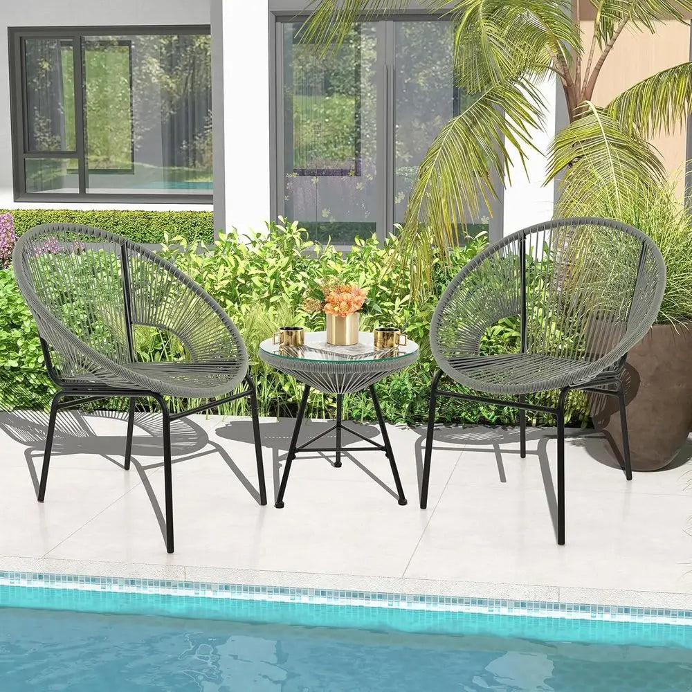 All-Weather Acapulco Patio Set with Plastic Rope Chairs and Tempered Glass Table for Outdoor Spaces (Grey)