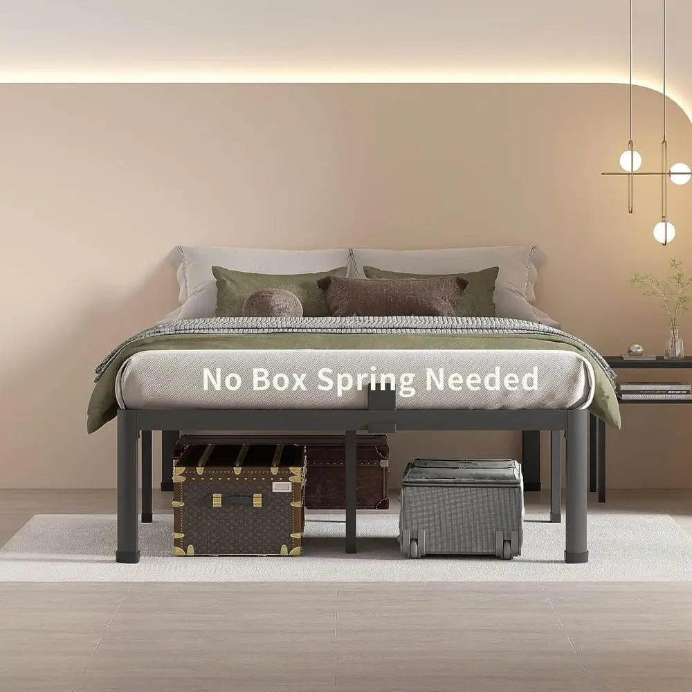 14 Queen Metal Bed Frame, Heavy Duty 3000 lbs Support, Round Corner Legs, No Box Spring, Easy Assembly