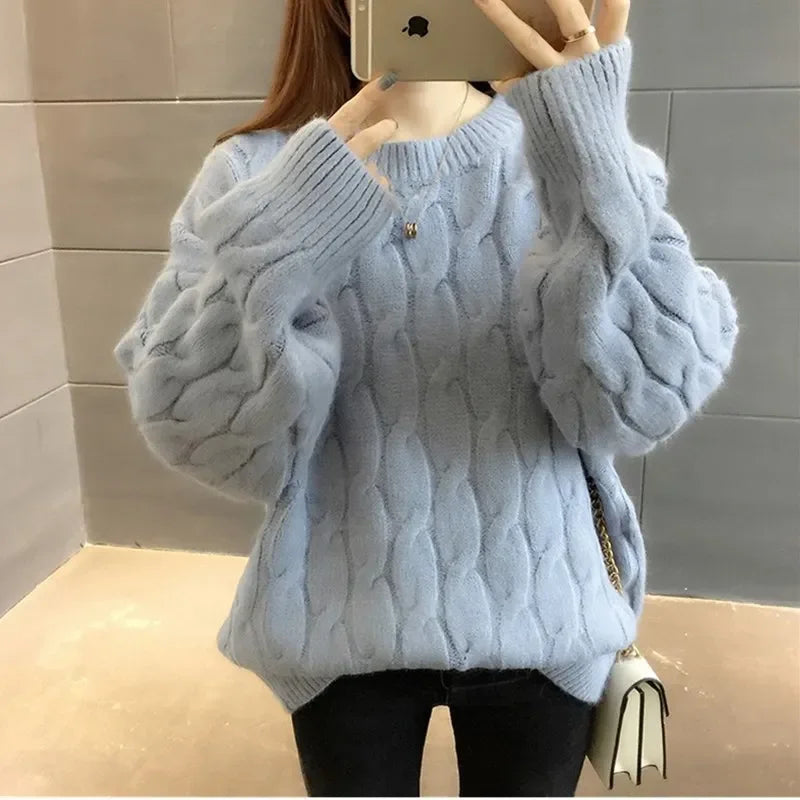 2024 New Harajuku Style Sweater Jacket Women's Sweet Fresh Medium-Length Thickened Winter Loose-Fit Korean Version Round Neck Au