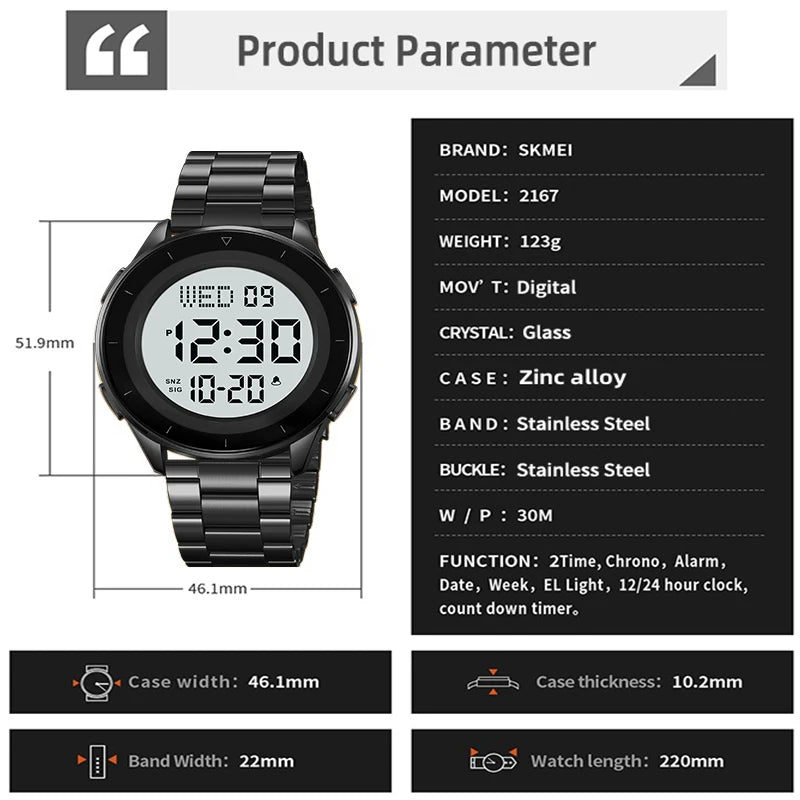 Skmei Dual Time Zone LED Digital Wristwatch Luxury Steeel Band 3Bar Waterproof Alarm Clock Mens Military Sports Bracelet Watches