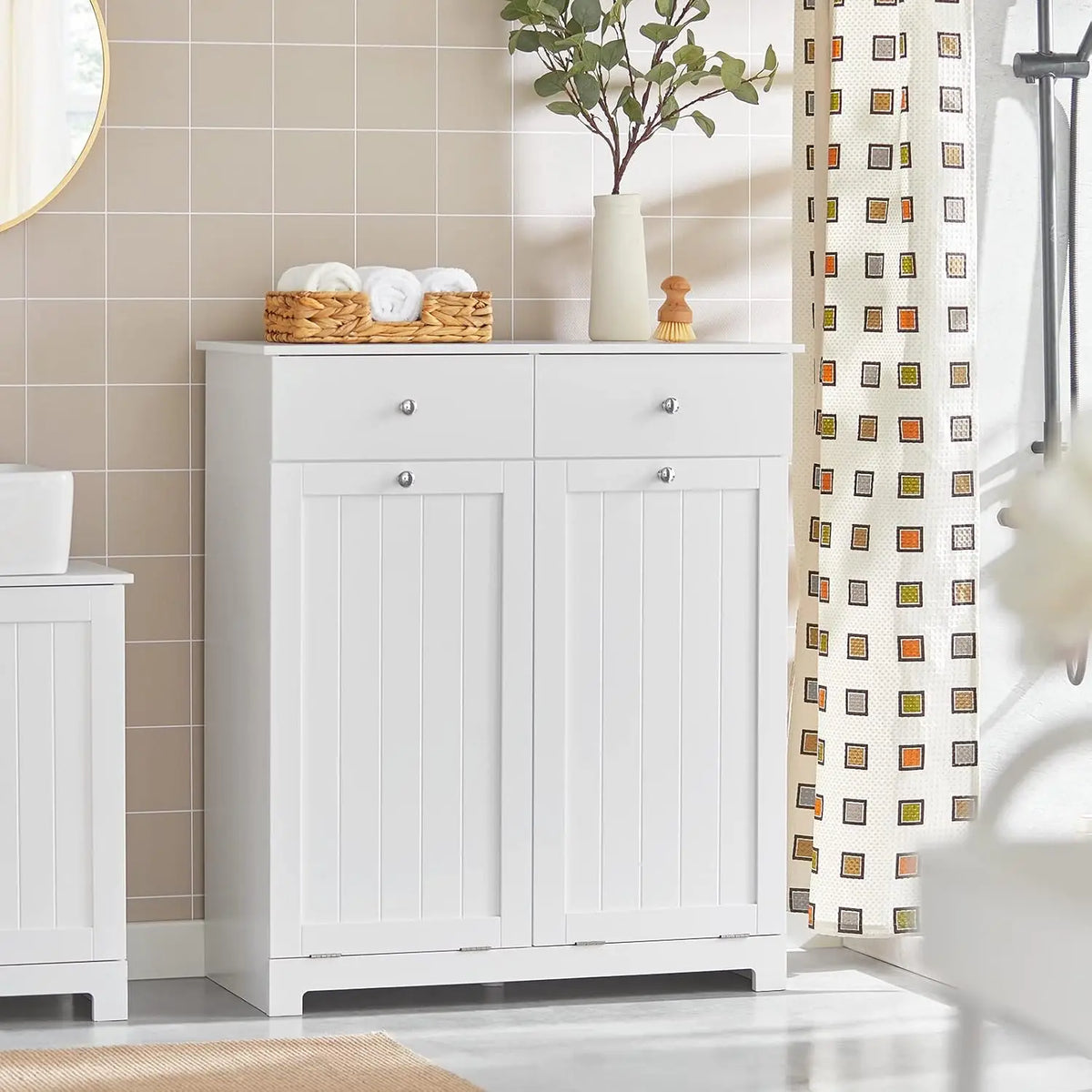 Tilt-Out Bathroom Laundry Cabinet Hidden Hamper Organizer with Double Baskets and Drawers Storing Unit Storage Chest Cupboard