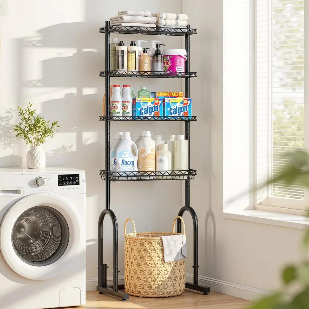 Space-Saving 4-Tier Metal Over-the-Toilet Storage Rack with Adjustable Shelves for Small Bathrooms, Black