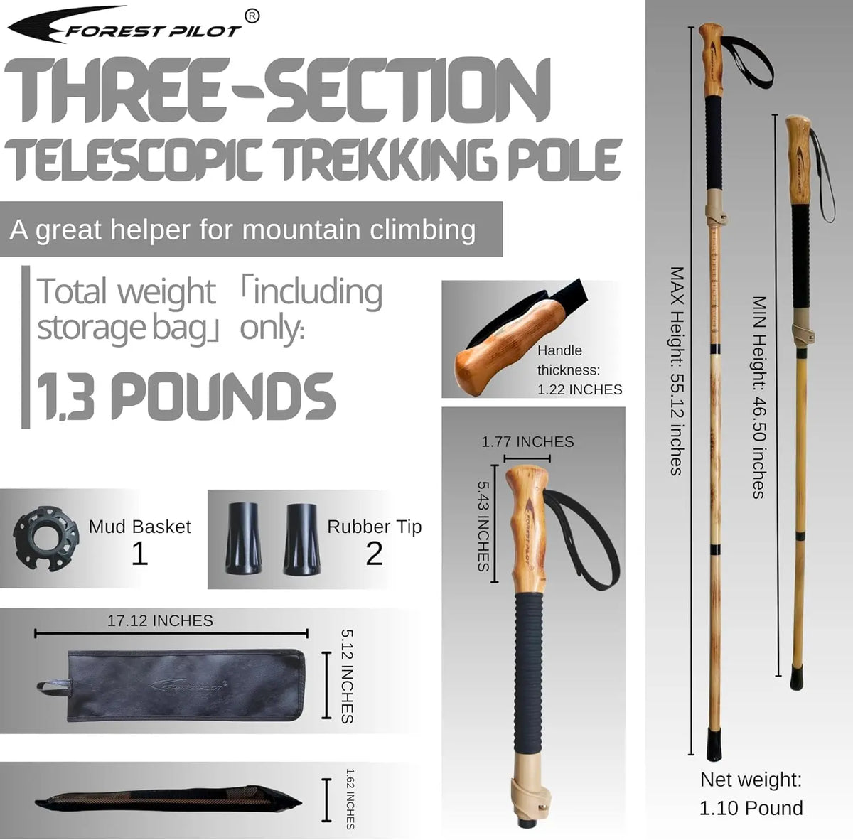 Trekking Poles - Adjustable Hiking Stick - Beech Wood Grip - Quick Adjust Flip-Lock - Leather Strap