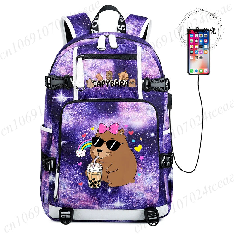 15.6 Inch Student Backpacks Japanese Large-capacity Backpack Girl Boys Simple Versatile Backpack Capibara Anime Usb School Bags