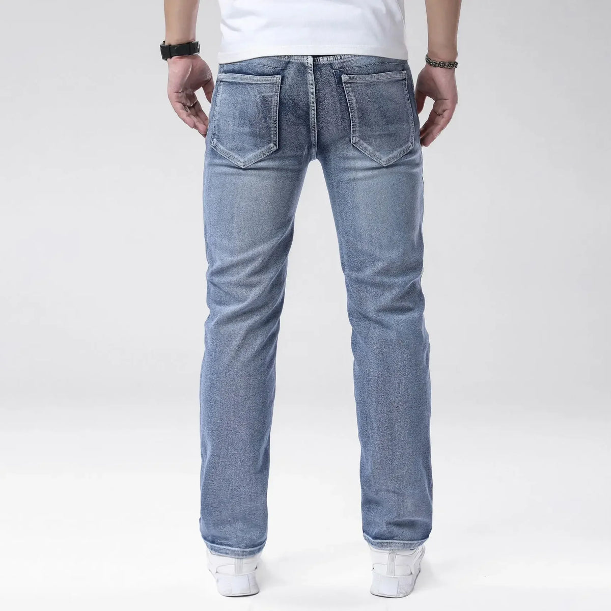 Men's Four Seasons Jeans Elastic Simple Denim Straight Leg Pants Light Blue Slim Fit Men's Pants