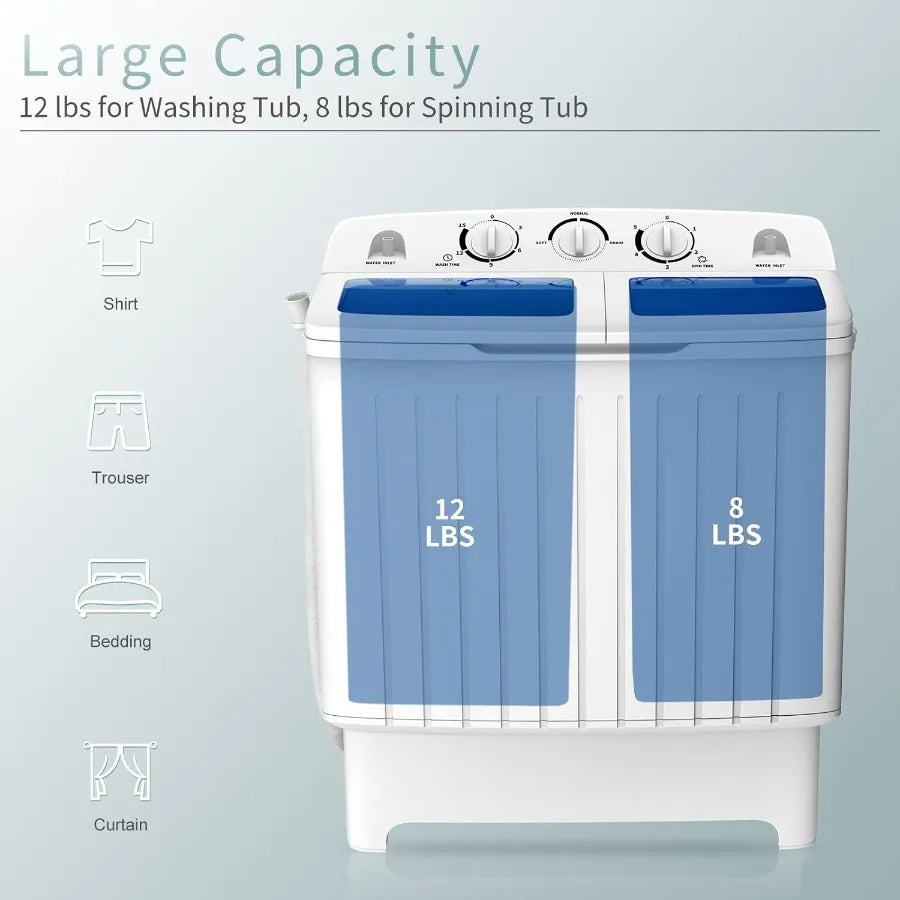 Portable Washing Machine Twin Tub with 20 Lbs Total Capacity Featuring Compact Laundry Washer 12 Lbs and Spinner (8 Lbs) Durabl