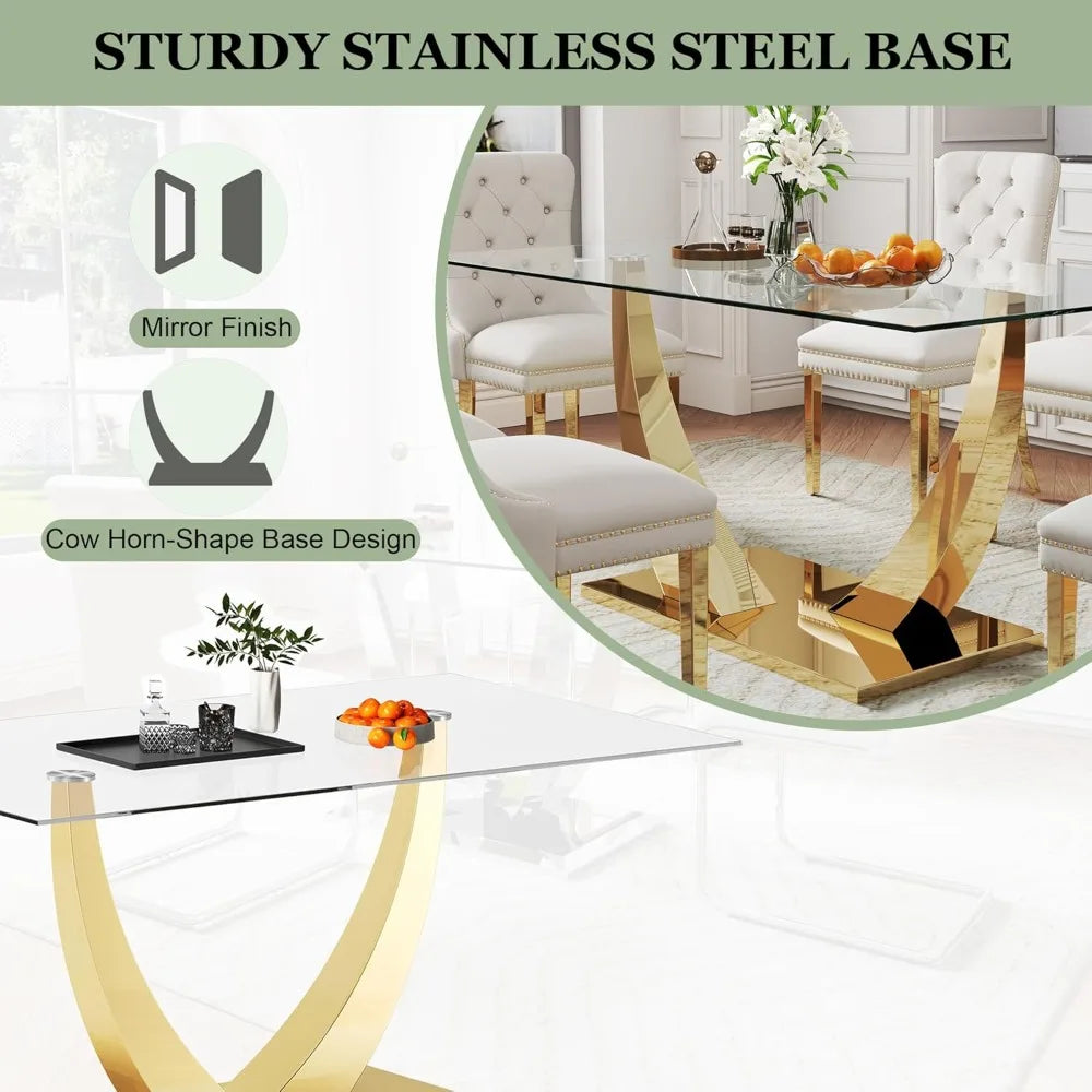 7-Piece Dining Room Set, 63" Gold Rectangular Glass Kitchen Table with 6 Beige High Back Chairs, Modern Glass Dining Table Set f