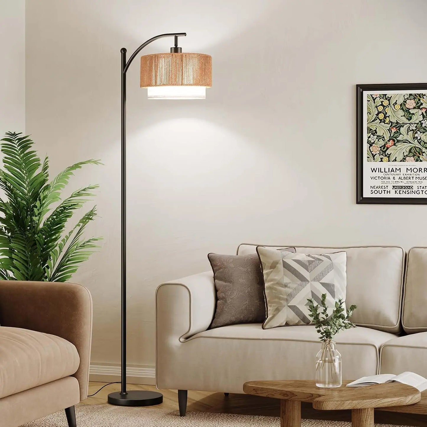 Arc Floor Lamp with 12W LED, 3 Color Temperatures, Adjustable Rattan & Fabric Shades, Boho Living Room Lamp