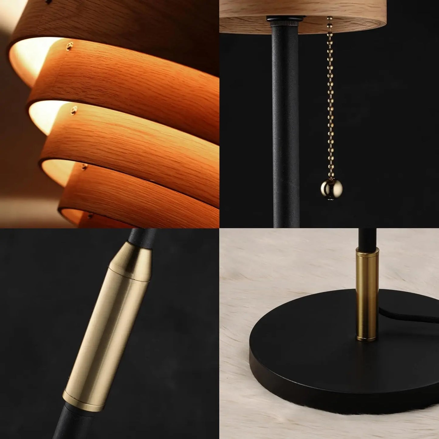 Cascade Floor Lamp, Modern Wooden Shade, E26, Pull Chain, Metal Base, Black – For Living Room, Bedroom, Office