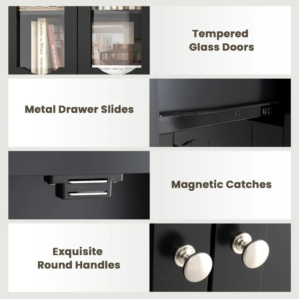 63" Tall Bathroom Storage Cabinet, Freestanding Floor Cabinet with Glass Doors and Shelves, Kitchen Pantry for Living Room, Din