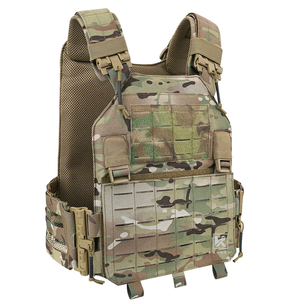 KRYDEX Tactical Vest Molle Laser Cut Front Panel Flap Plate Carrier Quick Release Tube Cummerbund Shoulder Hunting Gear Camo MC