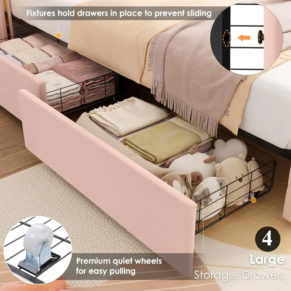 HIFIT Upholstered Twin LED Bed Frame with Crystal Button-Tufted Headboard and 4 Storage Drawers, Velvet Princess Twin Size Platf