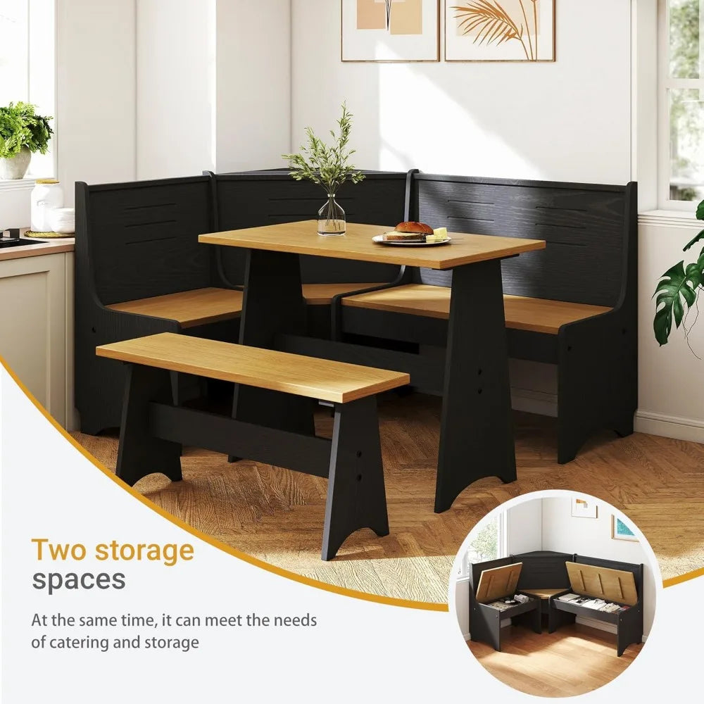 Space-Saving L-Shaped Breakfast Nook Set for 3-4 Seats with Hidden Storage - Corner Kitchen Dining Table and Bench Set in Farmho